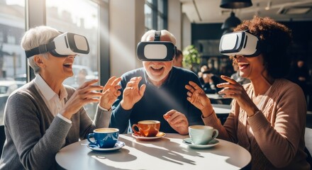 Two women and a man wearing virtual reality headsets in modern cafe. Active older adults enjoying new technology. Leisure and entertainment.