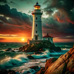 white lighthouse on rocky coast with turbulent ocean waves and dramatic sunset sky in maritime scene