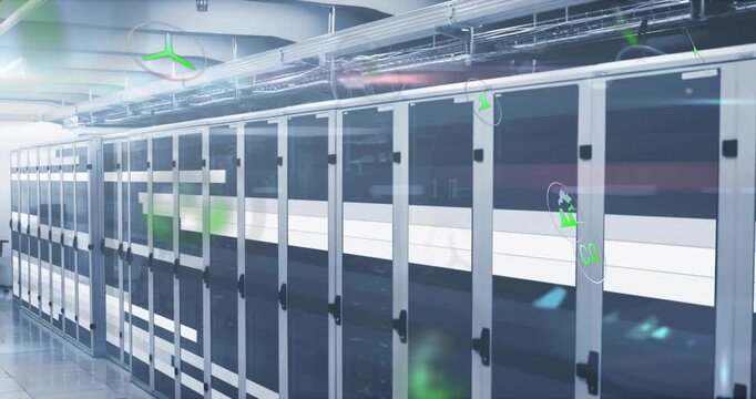 On pause turbine icons and CO2 icons appearing and swirling over server rack showing carbon capture