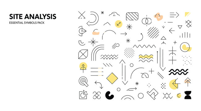 Site analysis icon layout featuring essential abstract symbols for environmental and spatial factors in architecture, urban planning, and landscape design, rendered in black, white, and yellow graphic