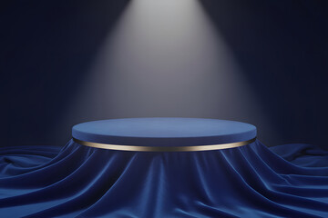Elegant Blue Velvet Pedestal with Golden Trim Under Spotlight