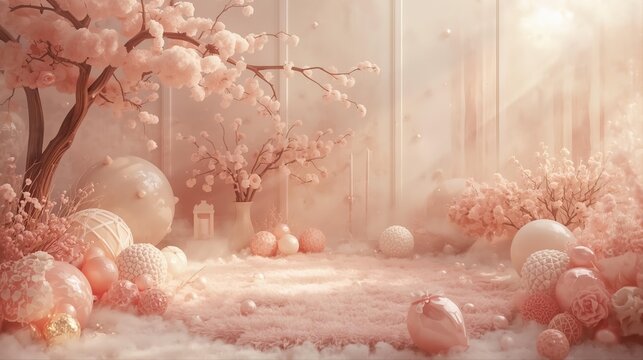 Magical pink dreamscape featuring blooming cherry blossom trees, decorative spheres, and soft bokeh lights. Enchanting Valentine's Day 2026 fantasy backdrop perfect for romantic projects, celebrations