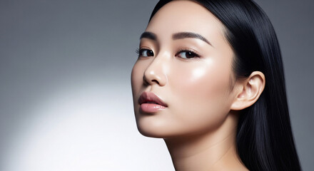 Close-up portrait of a beautiful Asian woman with long dark hair and flawless skin, elegant beauty