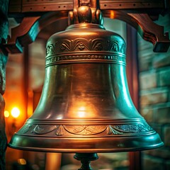 ornate brass bell on wooden frame with warm lighting in historical indoor setting