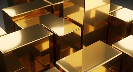Abstract arrangement of highly polished, reflective gold rectangular bars creating a luxurious, shimmering, three dimensional geometric pattern background suitable for finance themes.