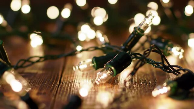 Close-up of warm white Christmas lights strung across a rustic wooden surface.