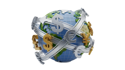 A stylized illustration of a globe with silver ribbons isolated on transparent background