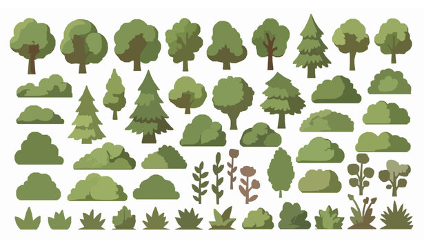 Minimal cartoon trees plants and bushes vector asset pack for 2D games and animations