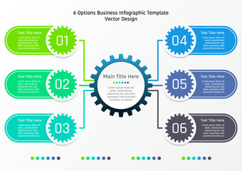 6 options business infographic template, sets of small gear with rounded rectangle connect with line to large gear at the center