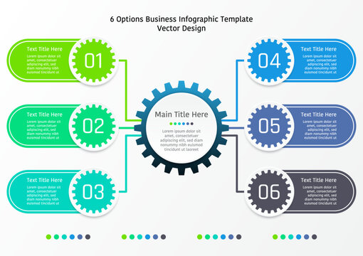 6 options business infographic template, sets of small gear with rounded rectangle connect with line to large gear at the center