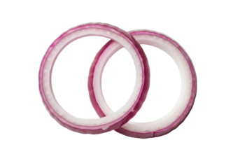 Perfectly sliced, translucent red onion rings, purple-red and creamy white, intricately patterned, overlapped on transparent background with copy space, macro shot. Concept of natural, healthy