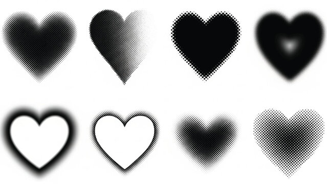 A set of eight black and white heart shapes with various halftone, distressed, and gradient effects on a white background.