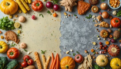 Frame of fresh organic vegetables and healthy snacks on rustic textured background