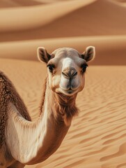 A camel in a desert landscape, with rolling sand dunes under the warm glow of the sun.