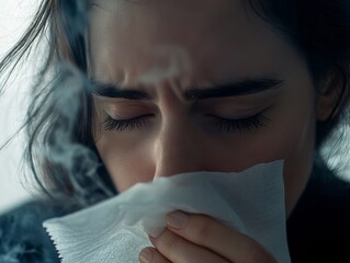 A close-up photo of a woman crying with her eyes closed and smoke in the air.