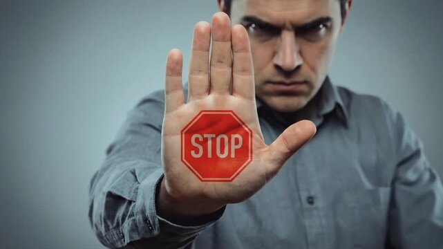 Serious man showing stop gesture with red digital sign on palm. Male rejecting offer or warning danger with hand signal. Prohibition and refusal concept against grey background