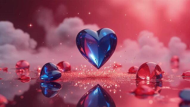 Shining Blue and Red Heart on a Glittering Surface