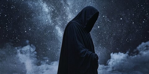 Dark silhouette of a hooded figure standing against a starry sky backdrop with clouds and mist.