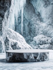 A natural ice formation on a rocky surface.