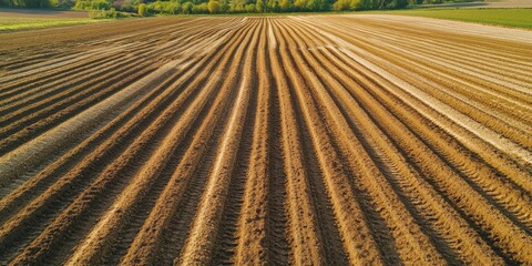 Aerial view of a large agricultural field with soil freshly turned over in preparation for planting crops.