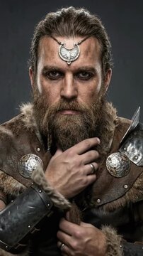 Portrait of a fierce Viking warrior wearing leather armor and fur. Bearded Norse fighter looking at camera with intensity against a dark background. Historical medieval costume concept