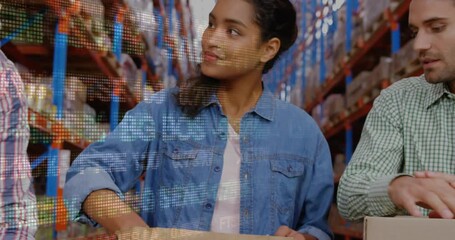 Animation of data processing over diverse workers in warehouse - Powered by Adobe