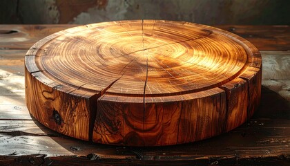 Obraz premium Rustic Round Wooden Cutting Board on Wooden Surface.