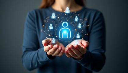Person Holding Network of People Icons connection community