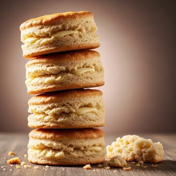 A stack of flaky, golden brown baked biscuits resting on a rustic wooden surface, highlighting the buttery layers and textures for a savory snack, sweet, crispy, gourmet