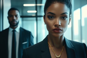 A modern office scene with a businesswoman looking into the camera, exuding confidence.