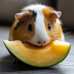 A small brown and white guinea pig is happily eating a slice of juicy watermelon in this charming photo!