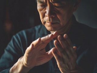 A serene image of a man with closed eyes and hands together in deep meditation. He is wearing traditional Asian monk's robes.