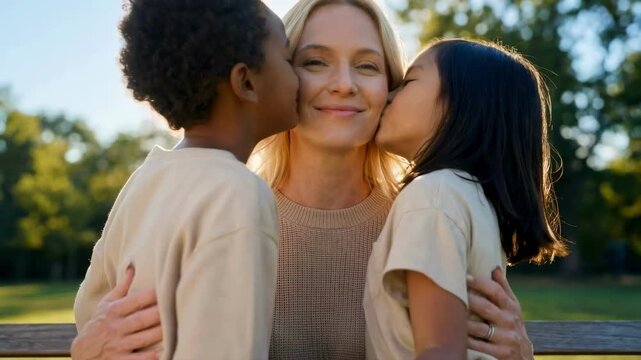 Happy multiracial family with a mother being kissed on the cheeks by her diverse children in a sunny park. Adopted son and daughter showing affection to mom outdoors. Parenting concept