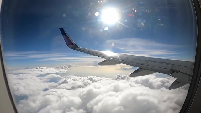 Aerial view from airplane window showcasing wing over f clouds and bright sun.