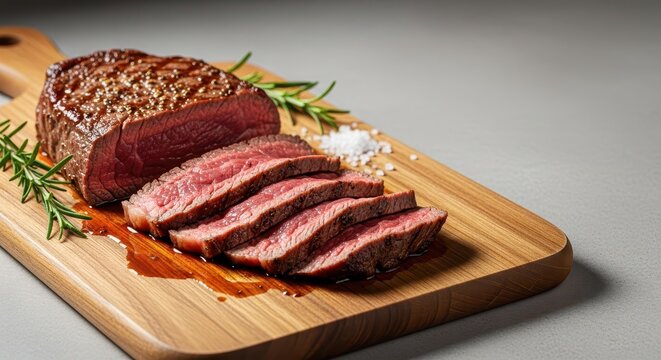 Delicious, juicy cooked steak, thinly sliced and arranged beautifully on a wooden cutting board, ready for serving dinner, texture, presentation, serving