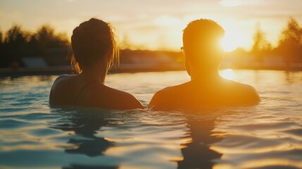 Two people enjoying a quiet moment together in the water with the sun setting behind them.