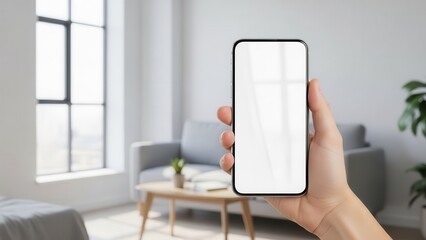 Person holding a smartphone with a blank screen in a modern living room.