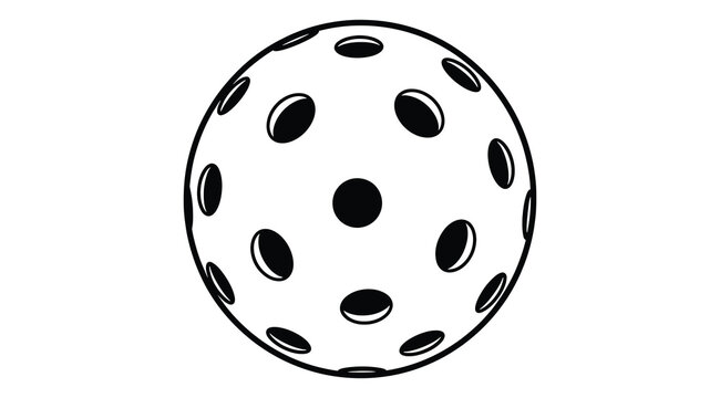 Perforated spherical object with evenly spaced circular holes across its surface, designed for aerodynamic performance in sports or recreation such as wiffle ball or floorball, shown in monochrome sty
