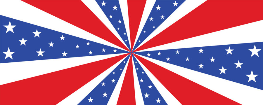 Groovy starburst or sunburst background with red, white, and blue stripes and stars. American patriotic pattern. USA traditional backdrop. Great for web banners, cards, posters, social media