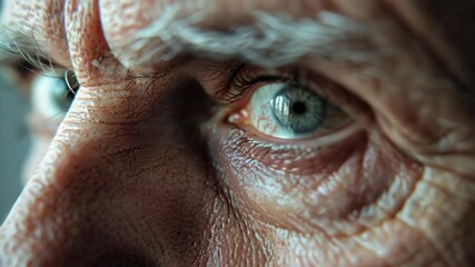 An aged individual looks at the viewer. The skin is weathered with deep lines and creases. One eye is clearly visible, reflecting light.