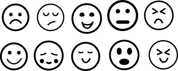 A collection of various white emoji faces depicting different human emotions on a black background