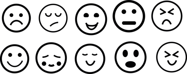 A collection of various white emoji faces depicting different human emotions on a black background