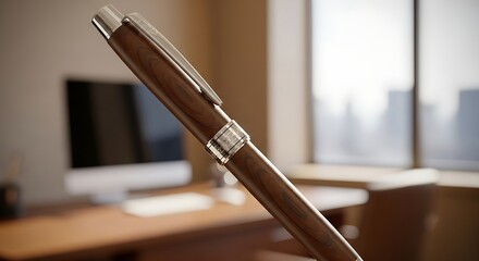 Fototapeta premium Closeup of a brown pen with silver accents on a desk in an office setting with a computer and window