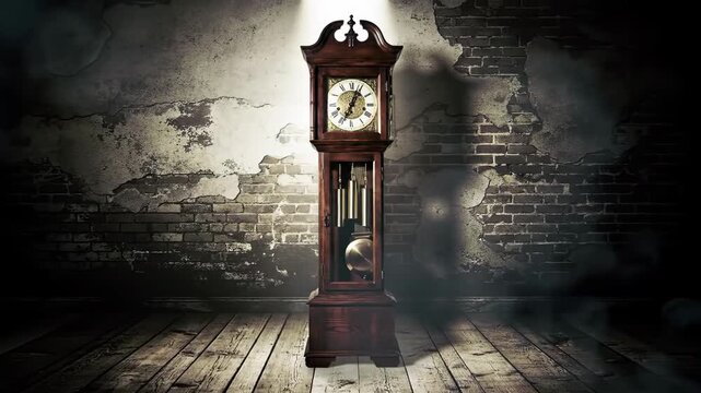 Vintage grandfather clock stands prominently against a distressed brick wall, illuminated by a spotlight.