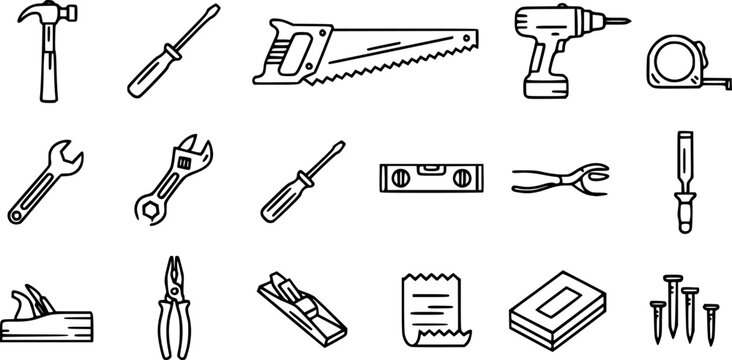 Set of line drawing icons about carpentry tools in vector monochrome
