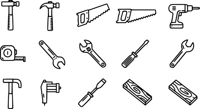 Set of line drawing icons about carpentry tools in vector monochrome
