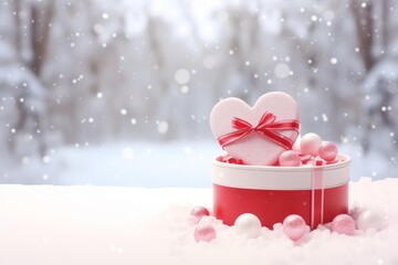 Heart shaped gift box with festive decorations on white snow in a winter setting
