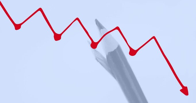 Animation of red graph moving over close up of a pencil against blue background