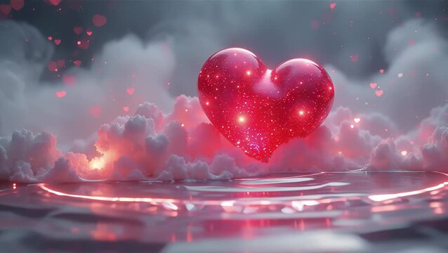 Shimmering Pink Heart with Sparkles and Rippling Water Reflection