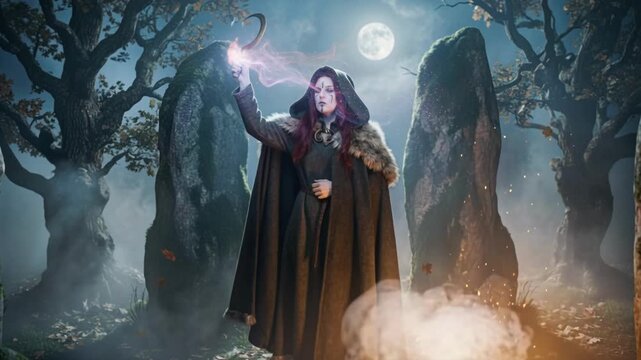 Fantasy witch casting a magic spell with a golden sickle in a misty forest at night. Sorceress performing a ritual with glowing energy trails among ancient standing stones. Halloween concept